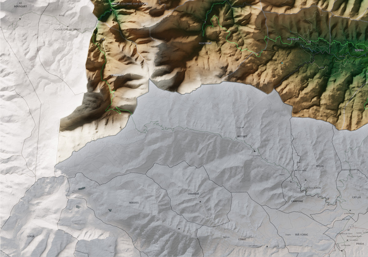 Mapa de relleu de la Fenolleda, amb el territori en color i l’entorn en blanc. Detall de la part inferior esquerra. 70 × 100 cm. Estil Clàssic.