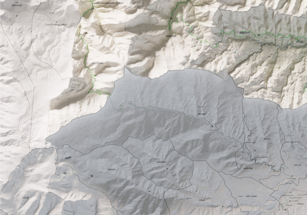 Mapa de relleu de la Fenolleda, amb el territori en color i l’entorn en blanc. Detall de la part inferior esquerra. 70 × 100 cm. Estil Cartogràfic.