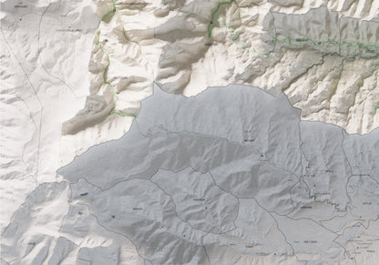 Mapa de relleu de la Fenolleda, amb el territori en color i l’entorn en blanc. Detall de la part inferior esquerra. 70 × 100 cm. Estil Cartogràfic.