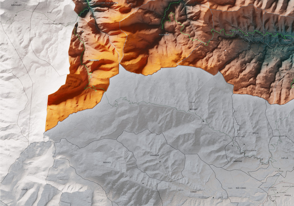 Mapa de relleu de la Fenolleda, amb el territori en color i l’entorn en blanc. Detall de la part inferior esquerra. 70 × 100 cm. Estil Blau i taronja.