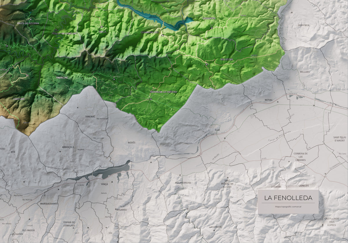 Mapa de relleu de la Fenolleda, amb el territori en color i l’entorn en blanc. Detall de la part inferior dreta. 70 × 100 cm. Estil Clàssic.