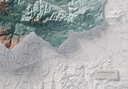 Mapa de relleu de la Fenolleda, amb el territori en color i l’entorn en blanc. Detall de la part inferior dreta. 70 × 100 cm. Estil Blau i taronja.