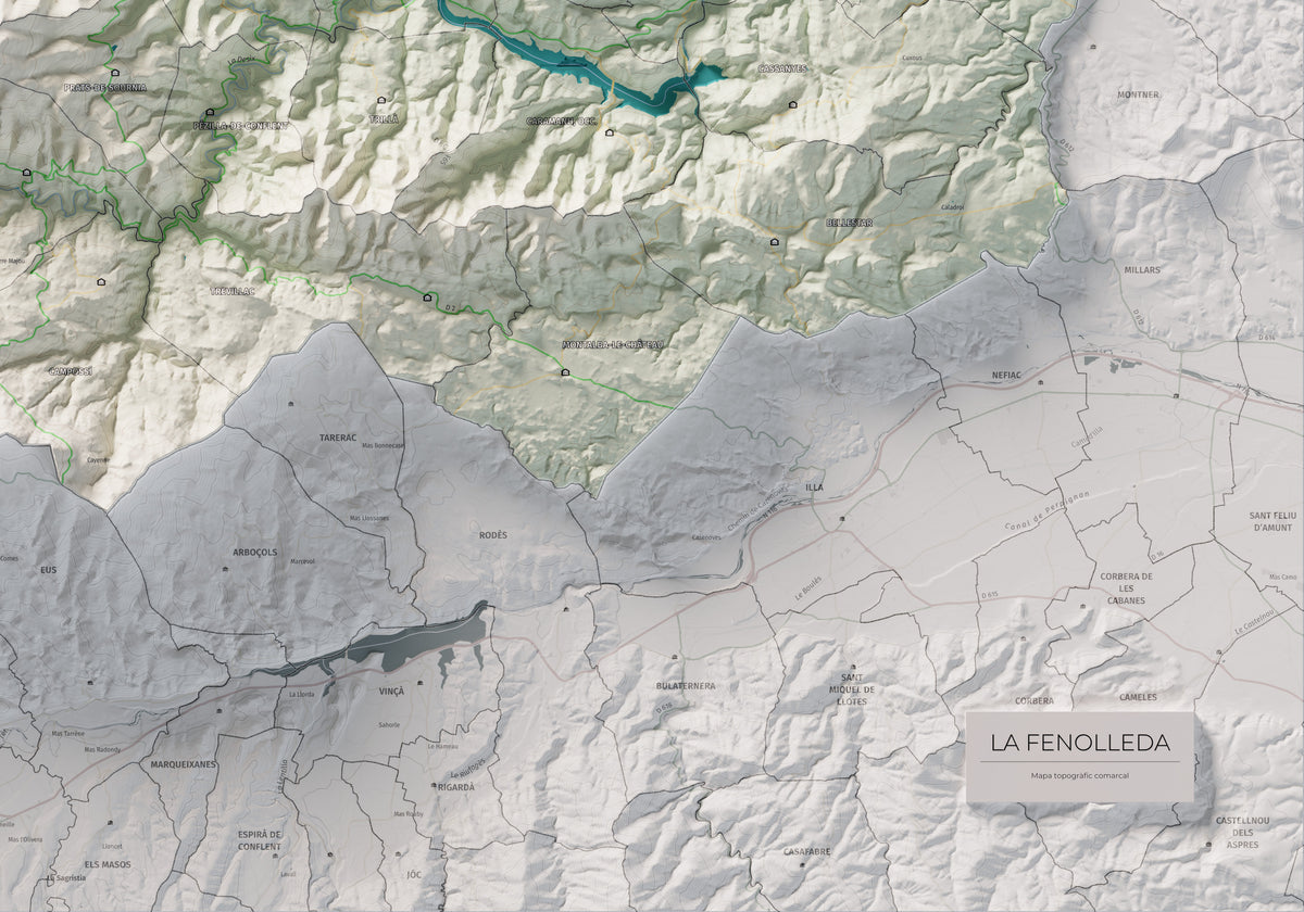 Mapa de relleu de la Fenolleda, amb el territori en color i l’entorn en blanc. Detall de la part inferior dreta. 70 × 100 cm. Estil Cartogràfic.