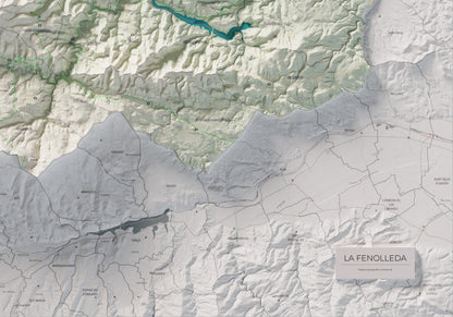 Mapa de relleu de la Fenolleda, amb el territori en color i l’entorn en blanc. Detall de la part inferior dreta. 70 × 100 cm. Estil Cartogràfic.