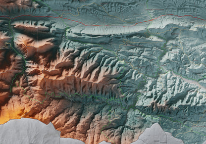 Mapa de relleu de la Fenolleda, amb el territori en color i l’entorn en blanc. Detall de la part central. 70 × 100 cm. Estil Blau i taronja.