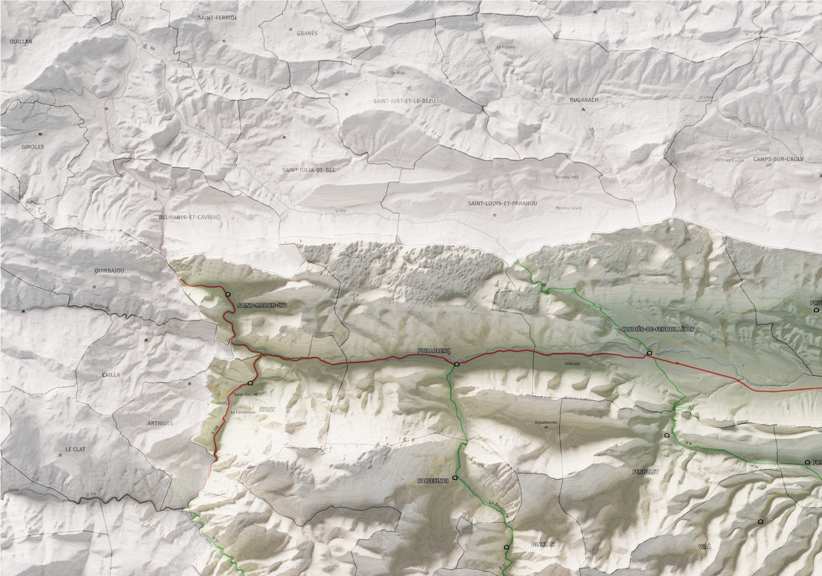 Mapa de relleu de la Fenolleda, amb el territori en color i l’entorn en blanc. Detall de la part superior esquerra. 70 × 100 cm. Estil Cartogràfic.