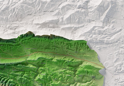 Mapa de relleu de la Fenolleda, amb el territori en color i l’entorn en blanc. Detall de la part superior dreta. 70 × 100 cm. Estil Clàssic.
