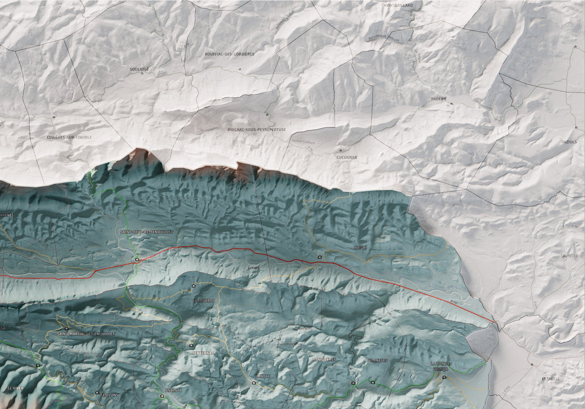 Mapa de relleu de la Fenolleda, amb el territori en color i l’entorn en blanc. Detall de la part superior dreta. 70 × 100 cm. Estil Blau i taronja.