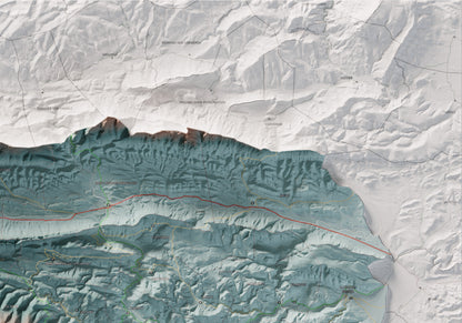 Mapa de relleu de la Fenolleda, amb el territori en color i l’entorn en blanc. Detall de la part superior dreta. 70 × 100 cm. Estil Blau i taronja.