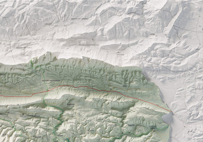 Mapa de relleu de la Fenolleda, amb el territori en color i l’entorn en blanc. Detall de la part superior dreta. 70 × 100 cm. Estil Cartogràfic.