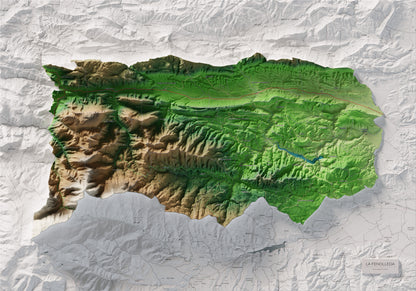Mapa de relleu de la Fenolleda, amb el territori en color i l’entorn en blanc. Vista completa de la làmina. 70 × 100 cm. Estil Clàssic.