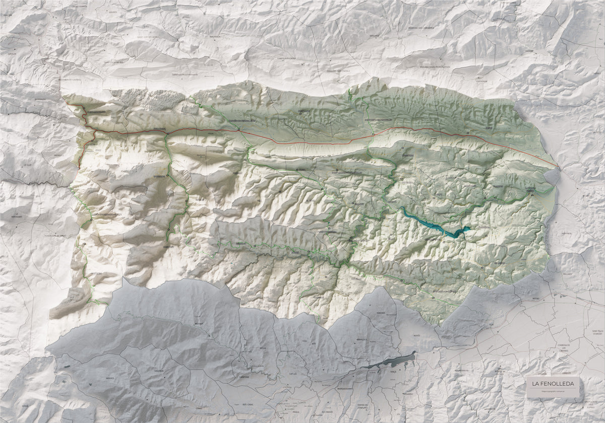 Mapa de relleu de la Fenolleda, amb el territori en color i l’entorn en blanc. Vista completa de la làmina. 70 × 100 cm. Estil Cartogràfic.