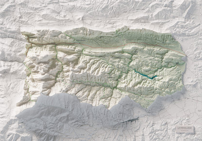 Mapa de relleu de la Fenolleda, amb el territori en color i l’entorn en blanc. Vista completa de la làmina. 70 × 100 cm. Estil Cartogràfic.