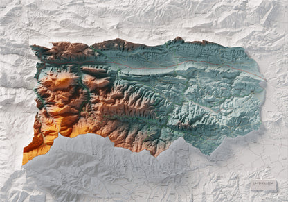 Mapa de relleu de la Fenolleda, amb el territori en color i l’entorn en blanc. Vista completa de la làmina. 70 × 100 cm. Estil Blau i taronja.