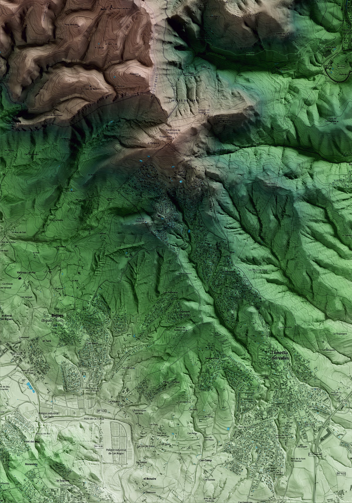 Mapa artístico del relieve de Figaró-Montmany, al Vallès Oriental, con 15 km de entorno y base topográfica ICGC. Detalle de la zona inferior izquierda.