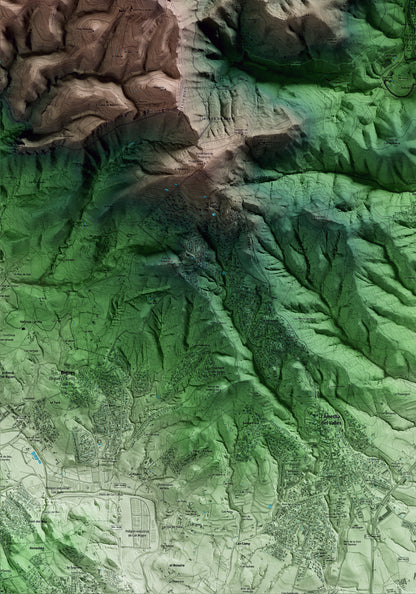 Mapa artístico del relieve de Figaró-Montmany, al Vallès Oriental, con 15 km de entorno y base topográfica ICGC. Detalle de la zona inferior izquierda.