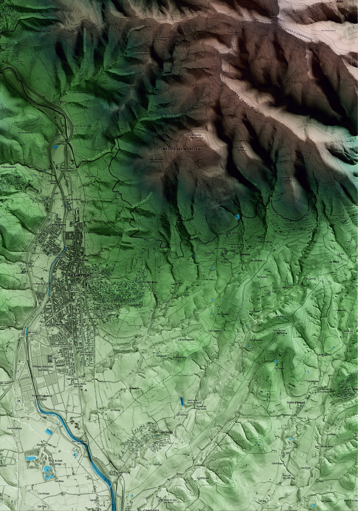 Mapa artístico del relieve de Figaró-Montmany, al Vallès Oriental, con 15 km de entorno y base topográfica ICGC. Detalle de la zona inferior derecha.