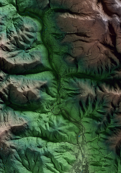 Mapa artístico del relieve de Figaró-Montmany, al Vallès Oriental, con 15 km de entorno y base topográfica ICGC. Detalle de la zona central.