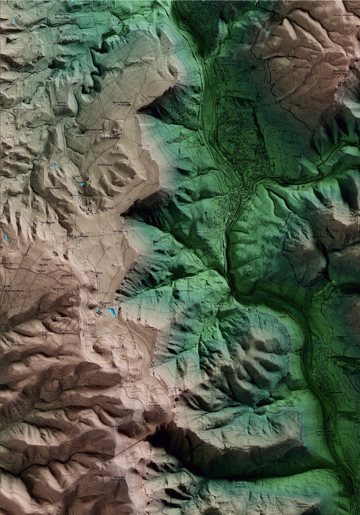 Mapa artístico del relieve de Figaró-Montmany, al Vallès Oriental, con 15 km de entorno y base topográfica ICGC. Detalle de la zona superior izquierda.