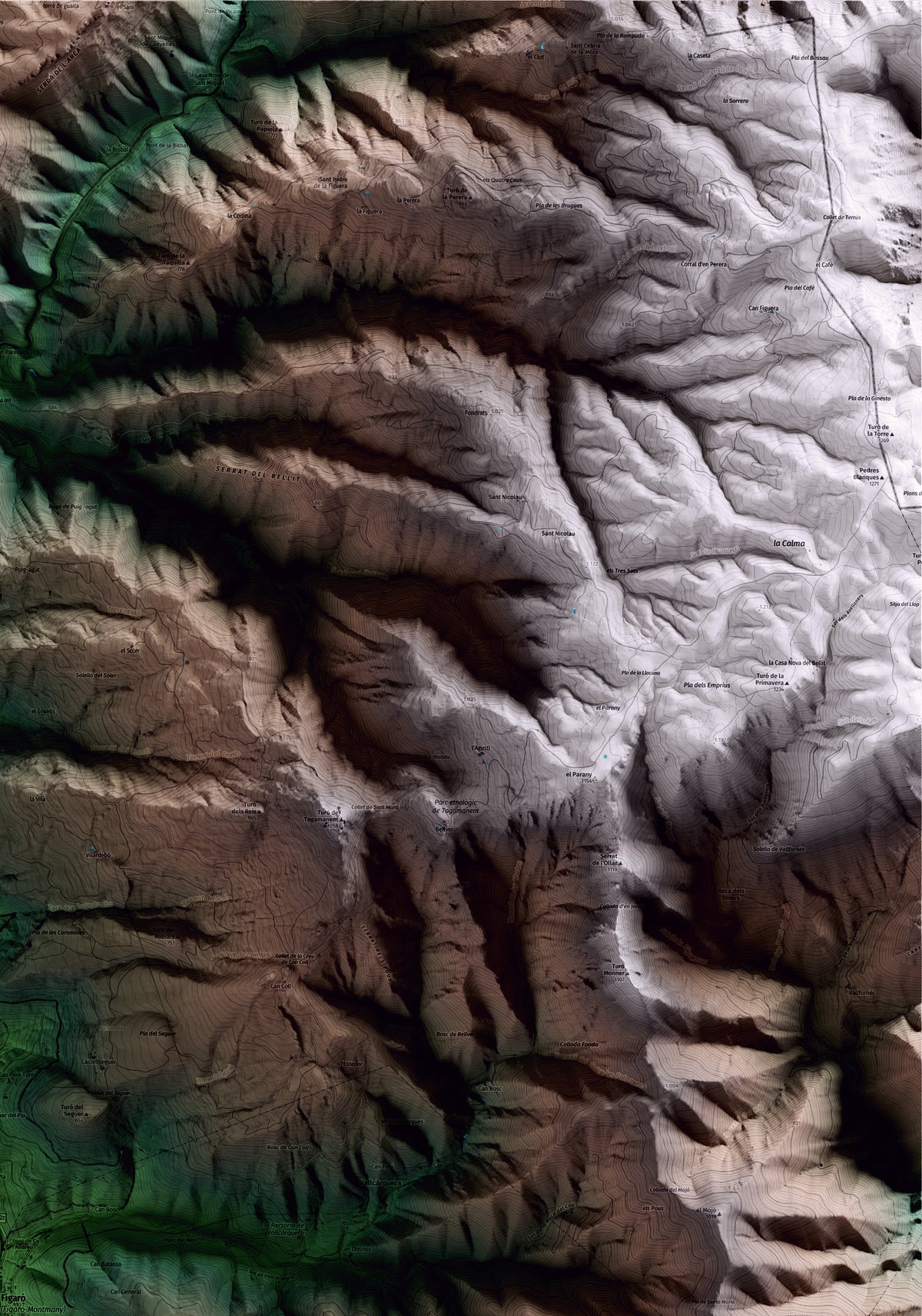 Mapa artístico del relieve de Figaró-Montmany, al Vallès Oriental, con 15 km de entorno y base topográfica ICGC. Detalle de la zona superior derecha.