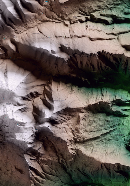 Mapa artístico del relieve de Fígols, al Berguedà, con 15 km de entorno y base topográfica ICGC. Detalle de la zona inferior izquierda.