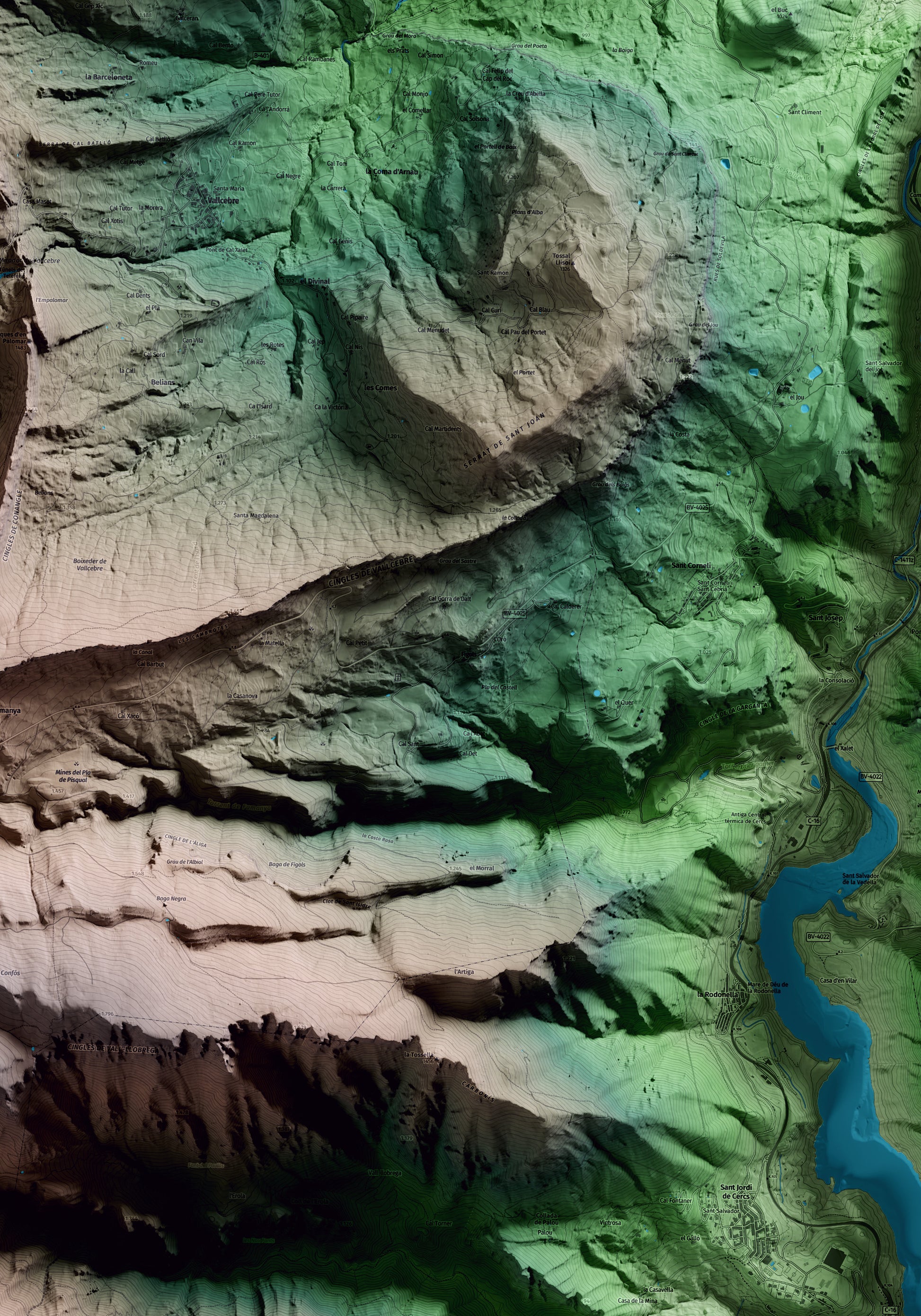 Mapa artístico del relieve de Fígols, al Berguedà, con 15 km de entorno y base topográfica ICGC. Detalle de la zona central.