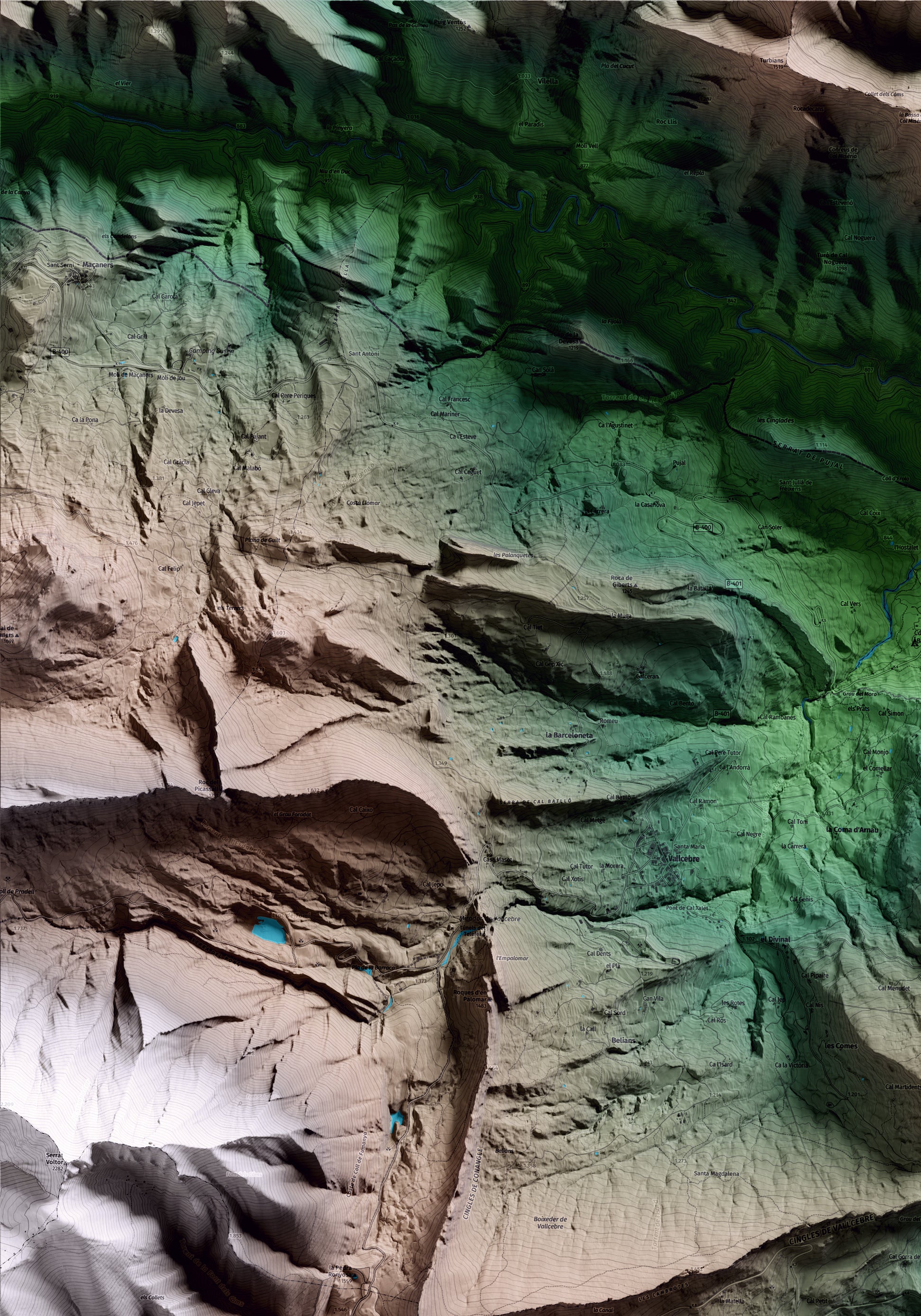 Mapa artístico del relieve de Fígols, al Berguedà, con 15 km de entorno y base topográfica ICGC. Detalle de la zona superior izquierda.
