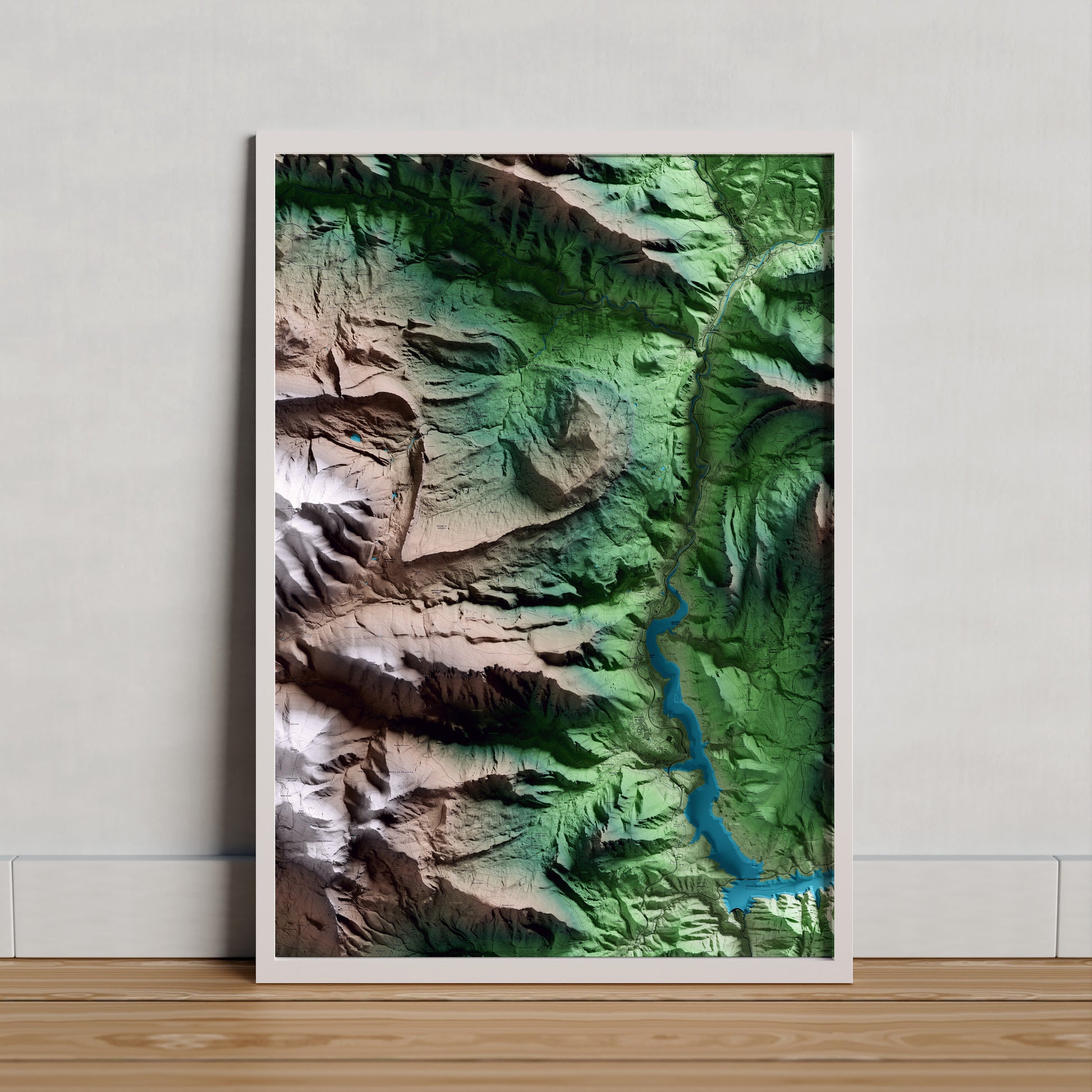 Mapa artístico del relieve de Fígols, al Berguedà, con 15 km de entorno y base topográfica ICGC. Presentación enmarcada.