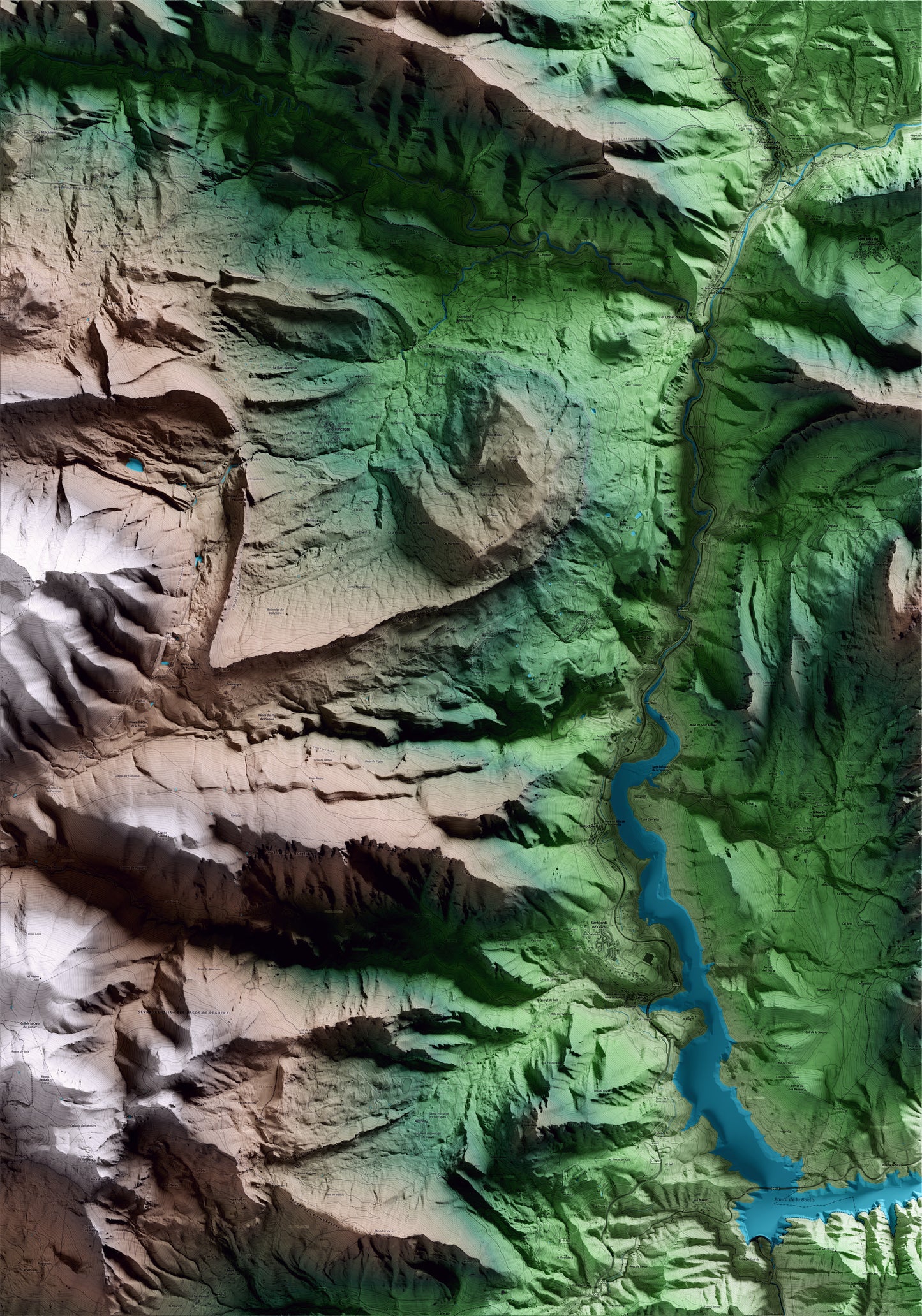 Mapa artístico del relieve de Fígols, al Berguedà, con 15 km de entorno y base topográfica ICGC