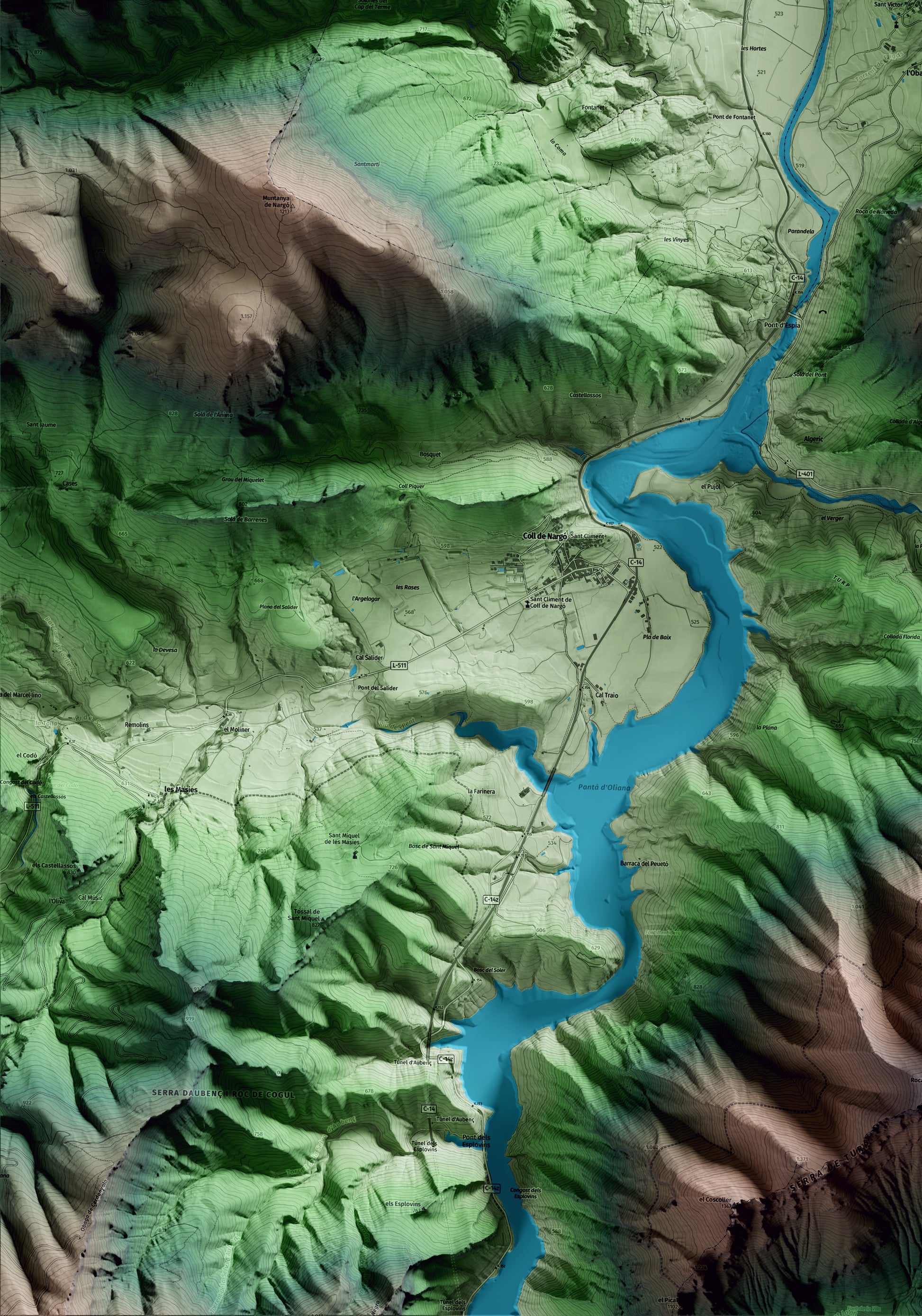 Mapa artístico del relieve de Fígols i Alinyà, al Alt Urgell, con 15 km de entorno y base topográfica ICGC. Detalle de la zona inferior izquierda.