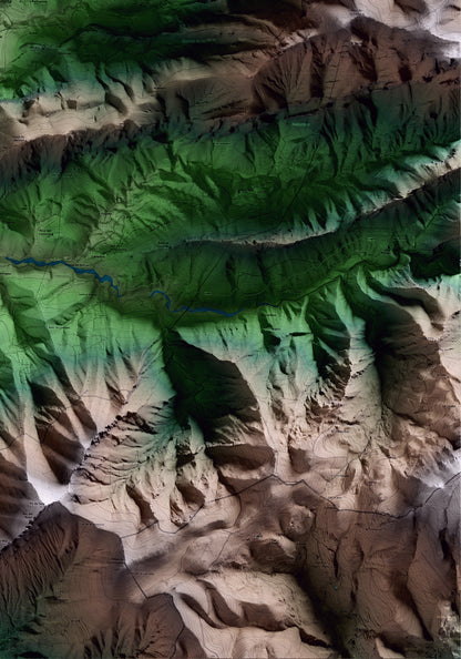 Mapa artístico del relieve de Fígols i Alinyà, al Alt Urgell, con 15 km de entorno y base topográfica ICGC. Detalle de la zona inferior derecha.