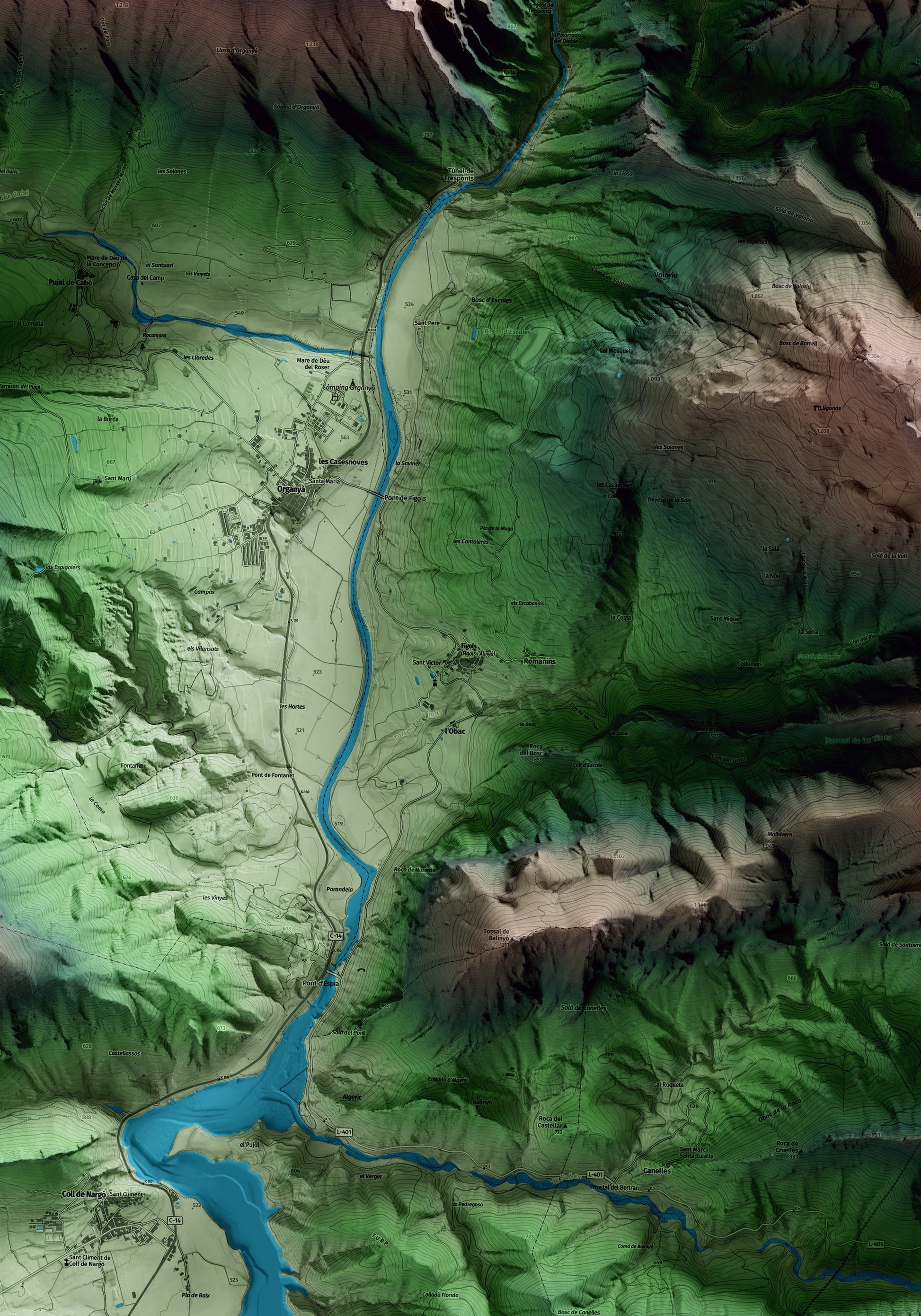 Mapa artístico del relieve de Fígols i Alinyà, al Alt Urgell, con 15 km de entorno y base topográfica ICGC. Detalle de la zona central.