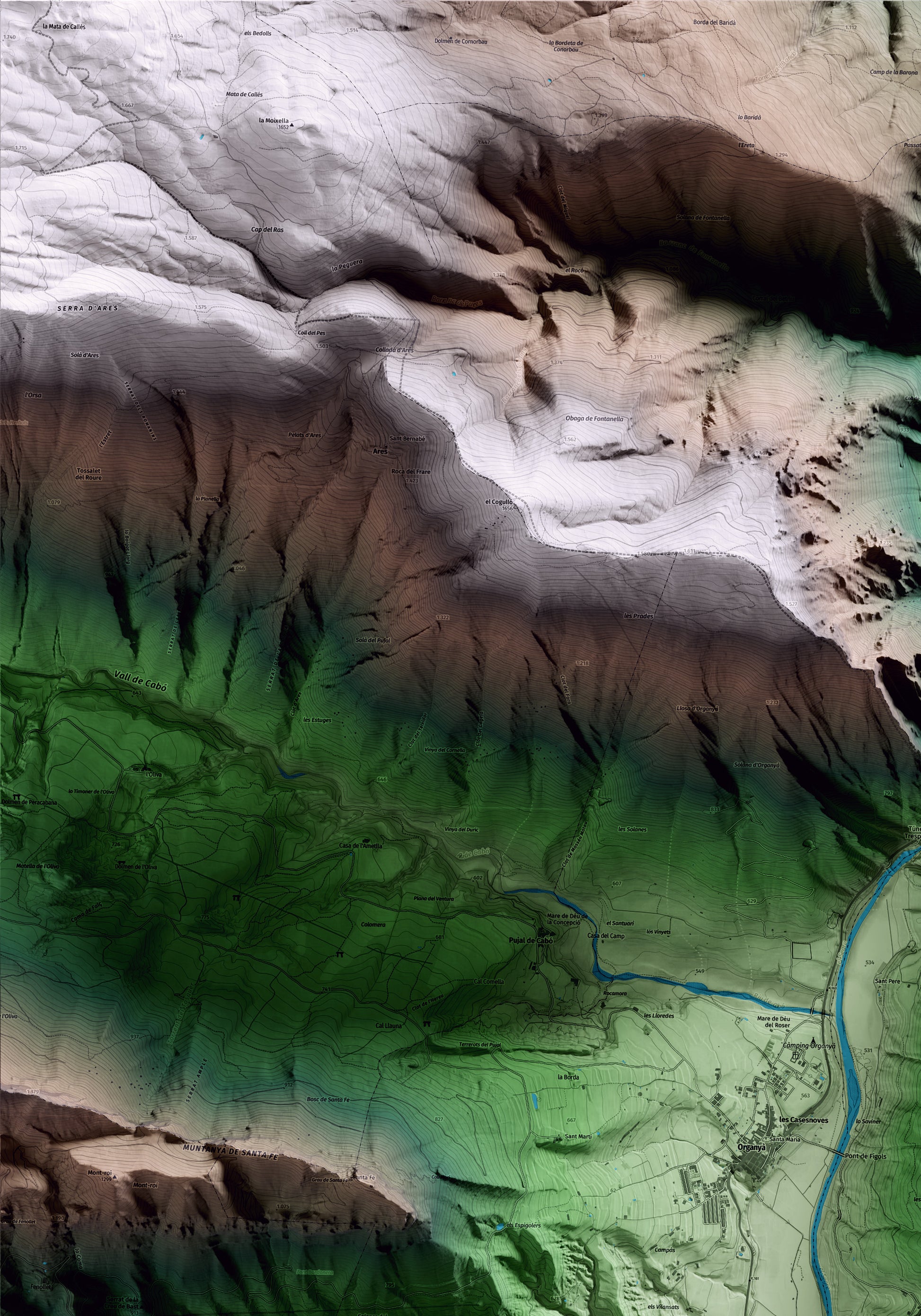 Mapa artístico del relieve de Fígols i Alinyà, al Alt Urgell, con 15 km de entorno y base topográfica ICGC. Detalle de la zona superior izquierda.