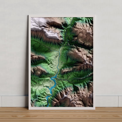 Mapa artístico del relieve de Fígols i Alinyà, al Alt Urgell, con 15 km de entorno y base topográfica ICGC. Presentación enmarcada.