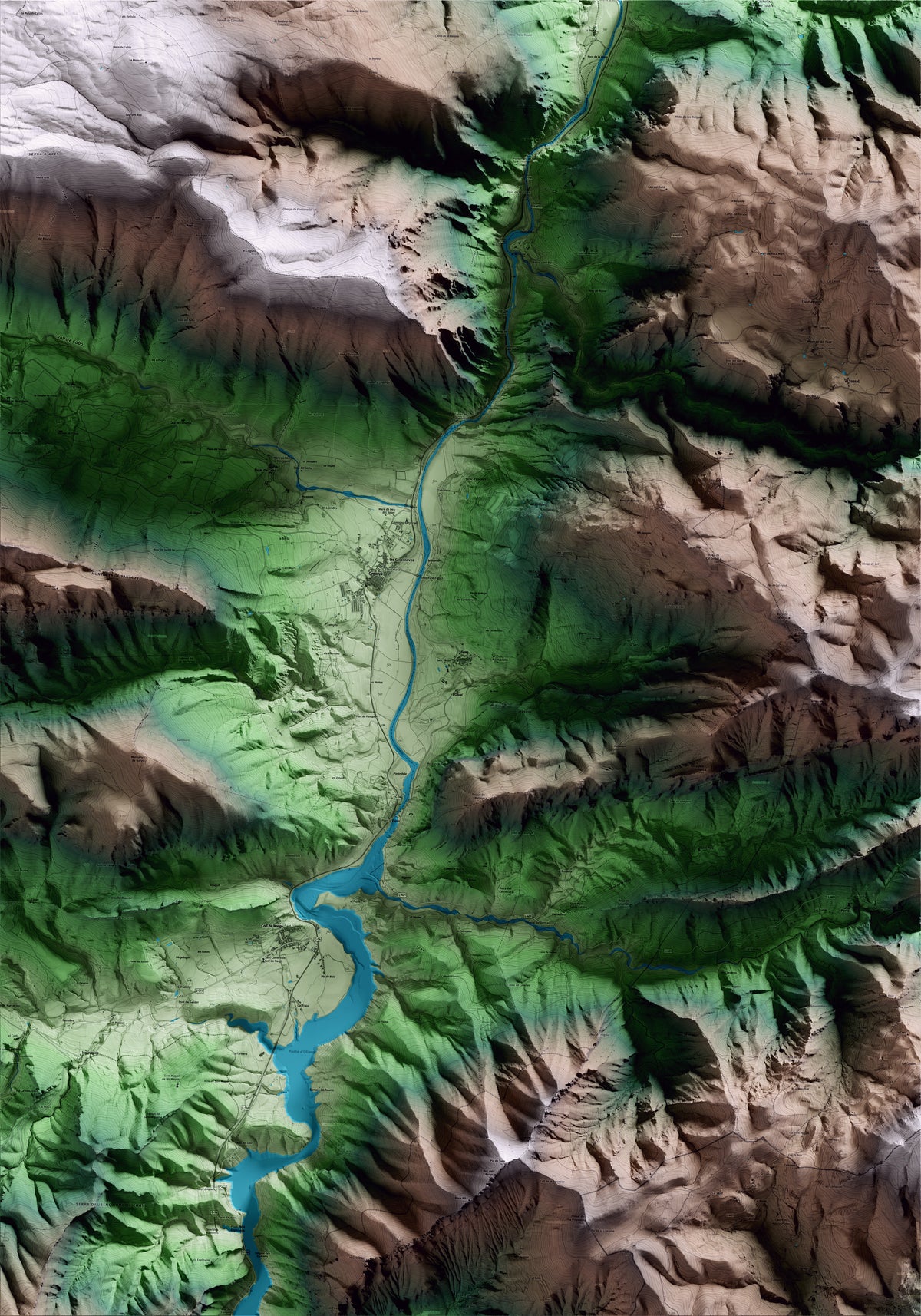 Mapa artístico del relieve de Fígols i Alinyà, al Alt Urgell, con 15 km de entorno y base topográfica ICGC