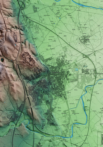 Mapa artístico del relieve de Figueres, al Alt Empordà, con 15 km de entorno y base topográfica ICGC. Detalle de la zona central.