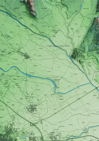 Mapa artístico del relieve de Figueres, al Alt Empordà, con 15 km de entorno y base topográfica ICGC. Detalle de la zona superior derecha.