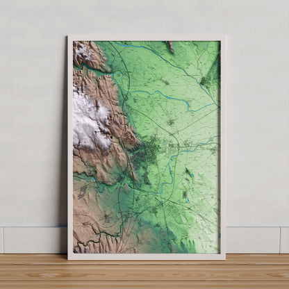 Mapa artístico del relieve de Figueres, al Alt Empordà, con 15 km de entorno y base topográfica ICGC. Presentación enmarcada.