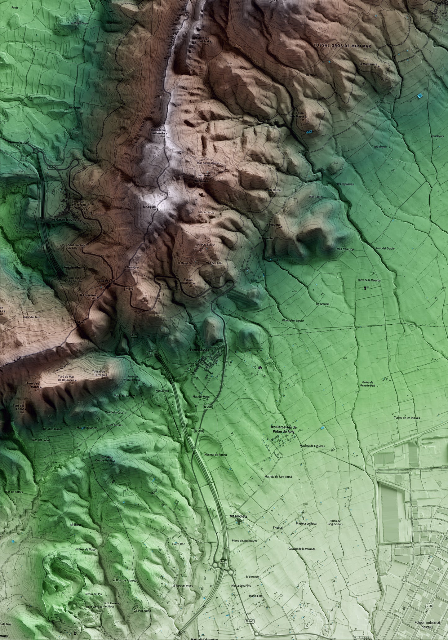Mapa artístico del relieve de Figuerola del Camp, al Alt Camp, con 15 km de entorno y base topográfica ICGC. Detalle de la zona inferior izquierda.