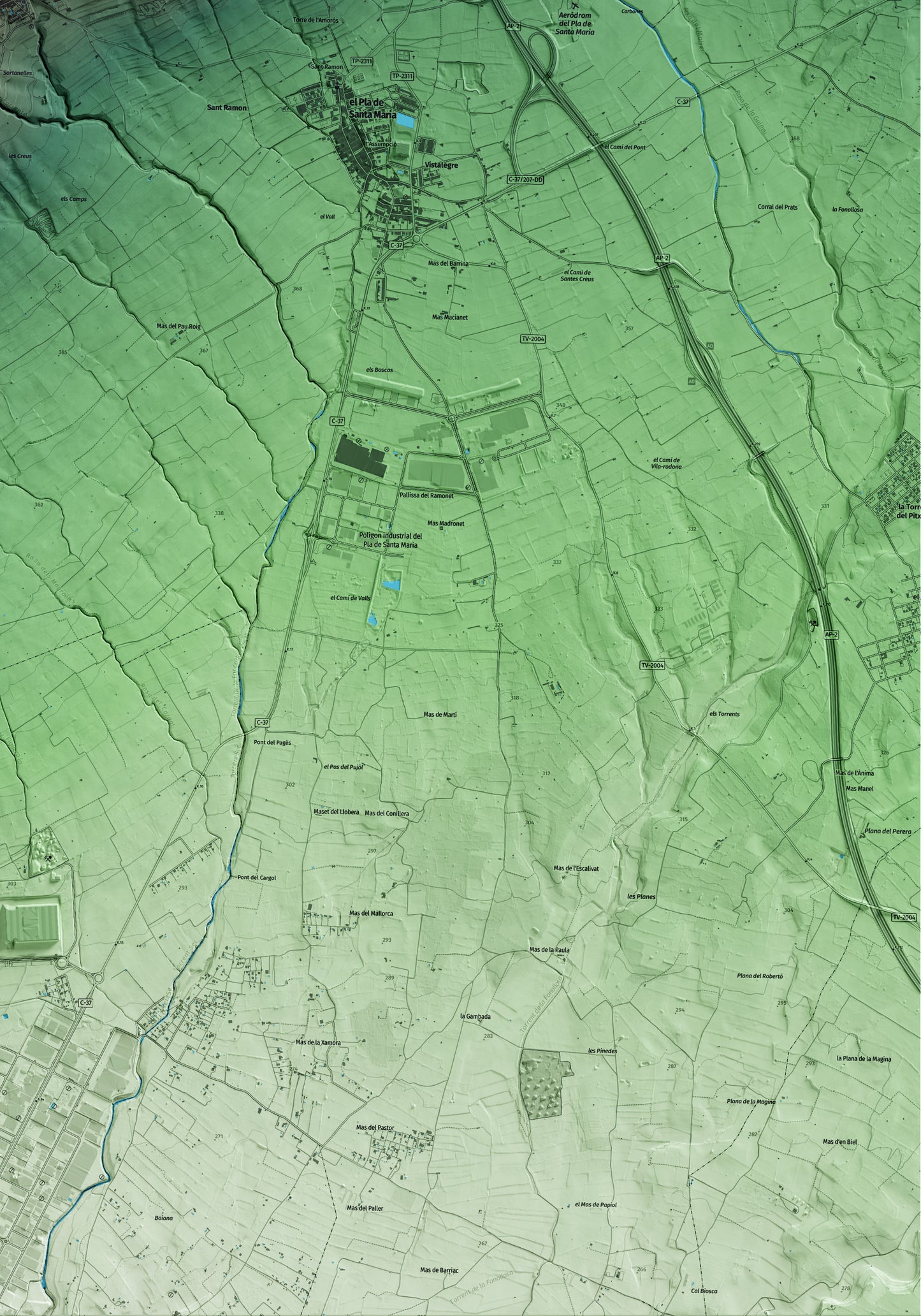 Mapa artístico del relieve de Figuerola del Camp, al Alt Camp, con 15 km de entorno y base topográfica ICGC. Detalle de la zona inferior derecha.