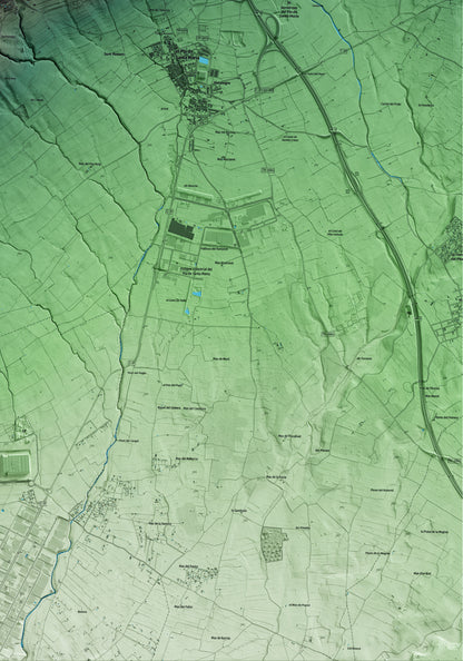 Mapa artístico del relieve de Figuerola del Camp, al Alt Camp, con 15 km de entorno y base topográfica ICGC. Detalle de la zona inferior derecha.