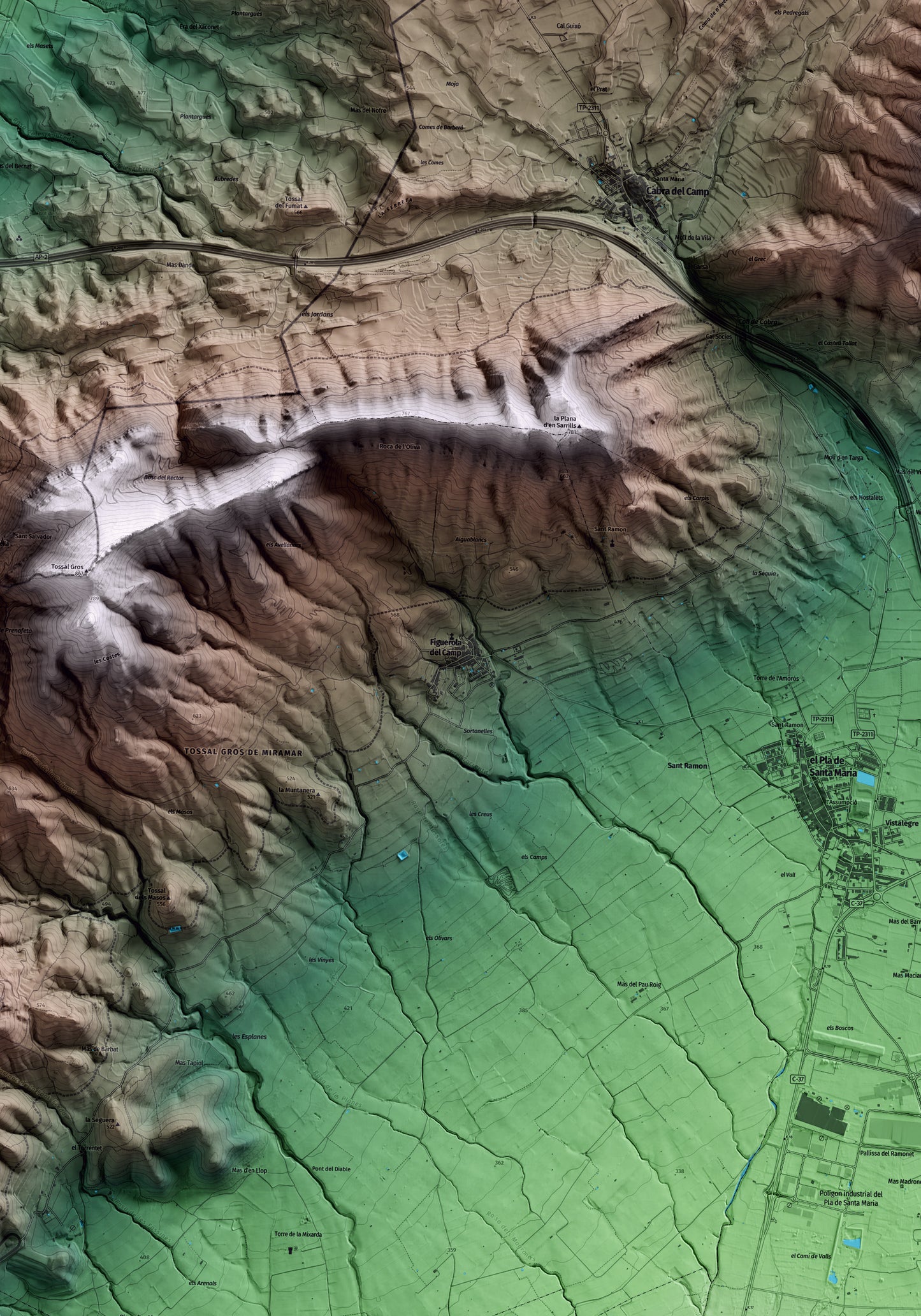 Mapa artístico del relieve de Figuerola del Camp, al Alt Camp, con 15 km de entorno y base topográfica ICGC. Detalle de la zona central.