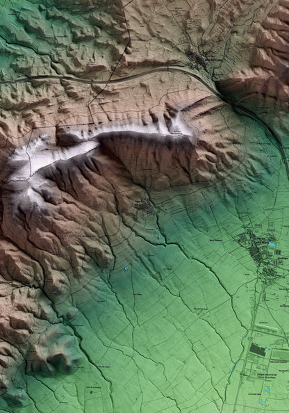 Mapa artístico del relieve de Figuerola del Camp, al Alt Camp, con 15 km de entorno y base topográfica ICGC. Detalle de la zona central.