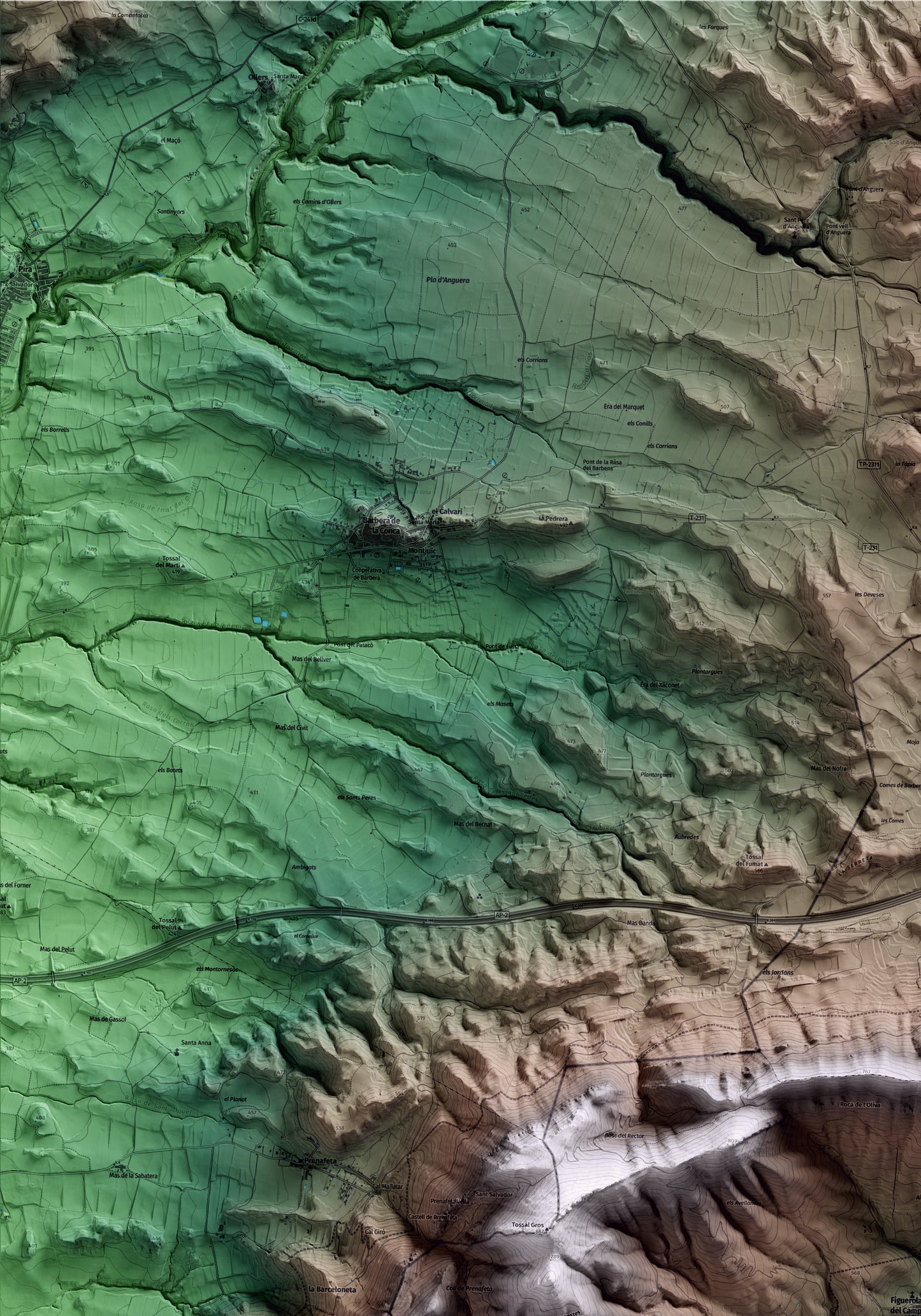 Mapa artístico del relieve de Figuerola del Camp, al Alt Camp, con 15 km de entorno y base topográfica ICGC. Detalle de la zona superior izquierda.