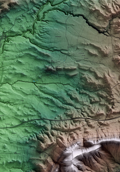 Mapa artístico del relieve de Figuerola del Camp, al Alt Camp, con 15 km de entorno y base topográfica ICGC. Detalle de la zona superior izquierda.