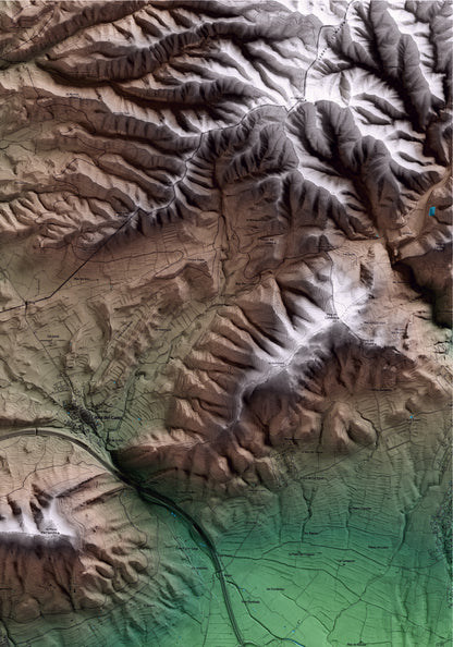 Mapa artístico del relieve de Figuerola del Camp, al Alt Camp, con 15 km de entorno y base topográfica ICGC. Detalle de la zona superior derecha.