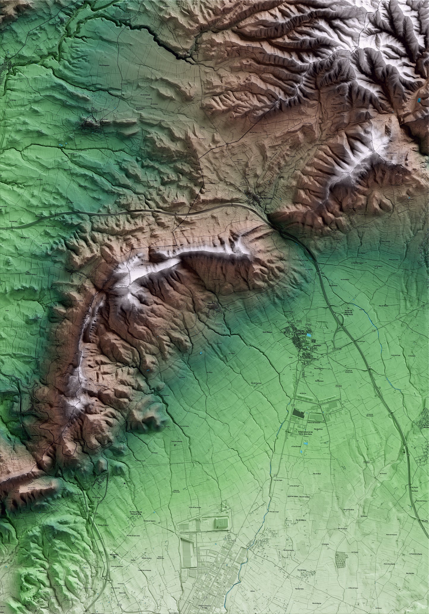 Mapa artístico del relieve de Figuerola del Camp, al Alt Camp, con 15 km de entorno y base topográfica ICGC