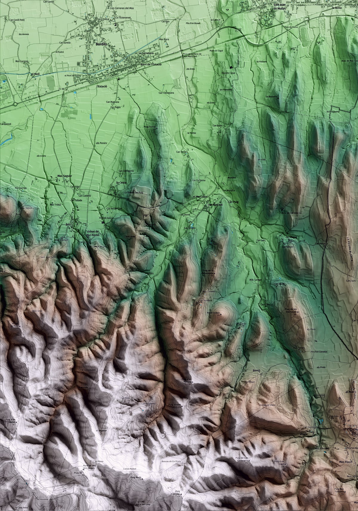 Mapa artístico del relieve de Flaçà, al Gironès, con 15 km de entorno y base topográfica ICGC. Detalle de la zona inferior izquierda.