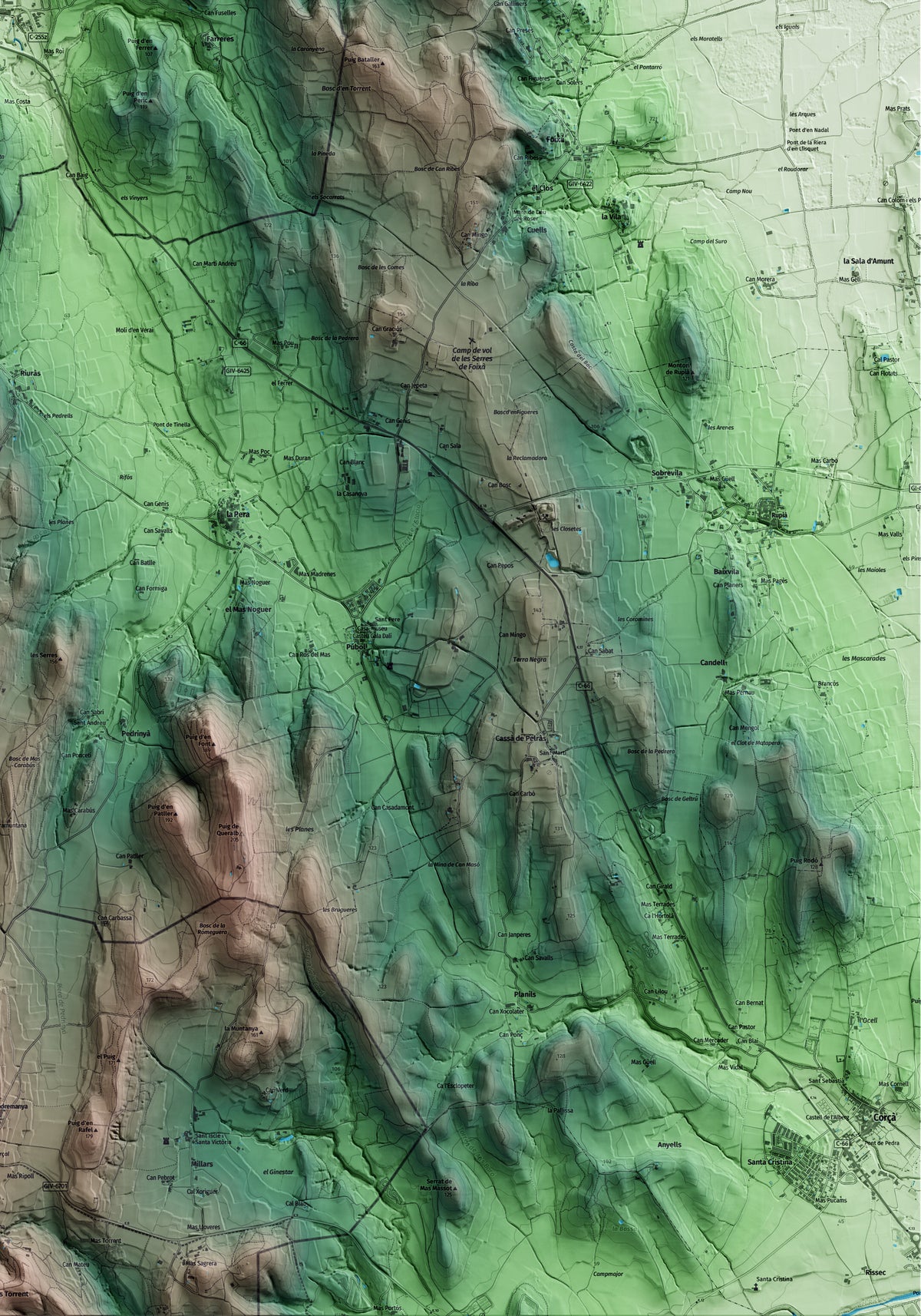 Mapa artístico del relieve de Flaçà, al Gironès, con 15 km de entorno y base topográfica ICGC. Detalle de la zona inferior derecha.