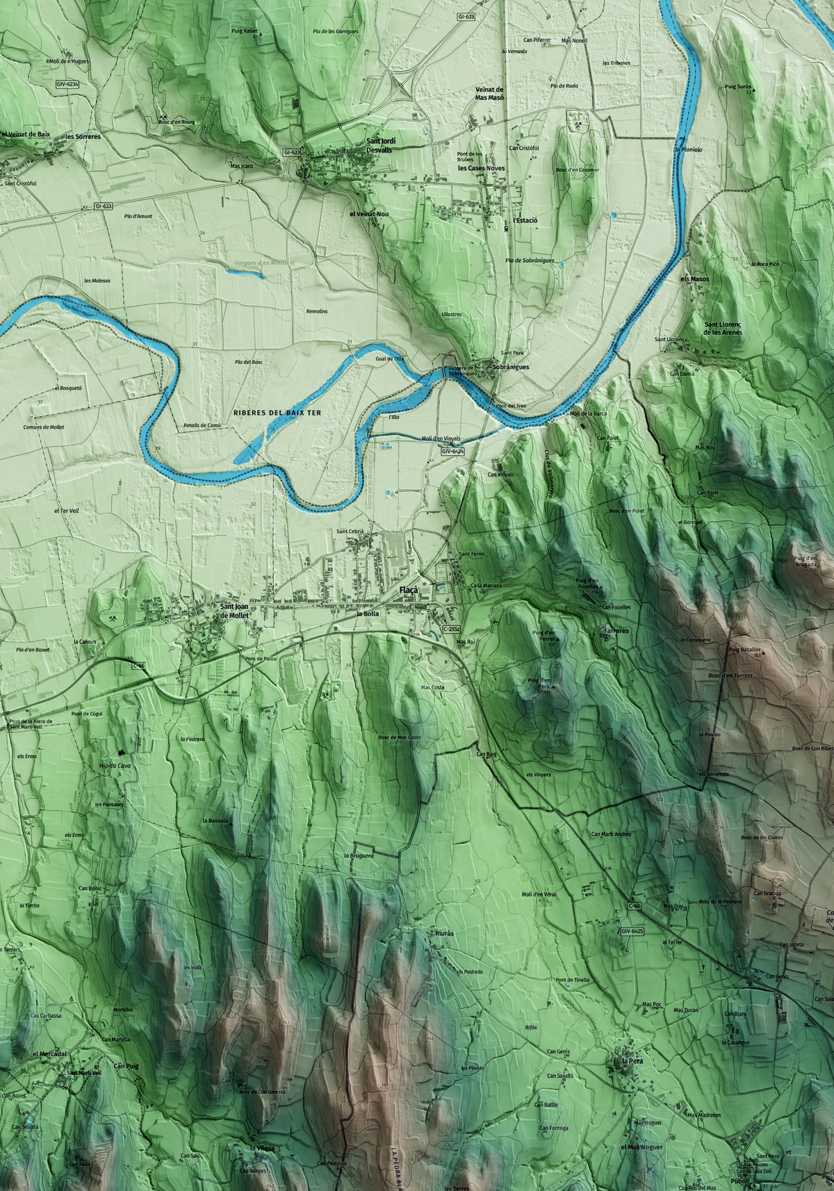 Mapa artístico del relieve de Flaçà, al Gironès, con 15 km de entorno y base topográfica ICGC. Detalle de la zona central.